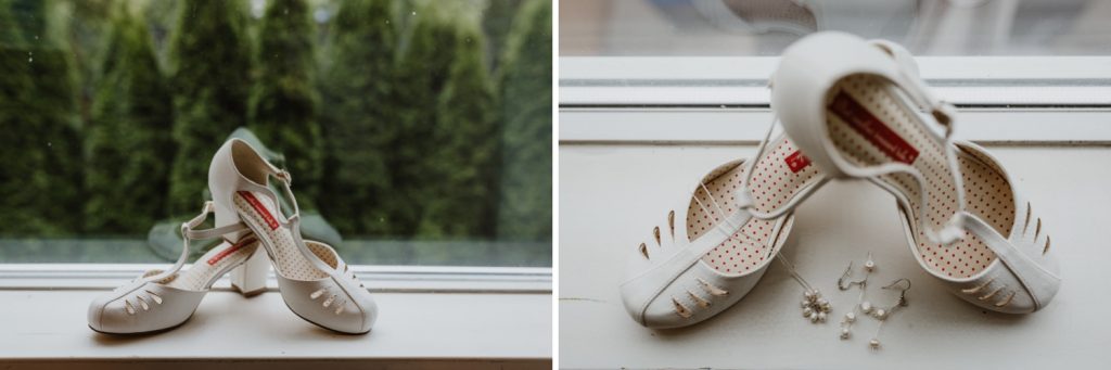 Detail photo of the bride's wedding shoe and accessories