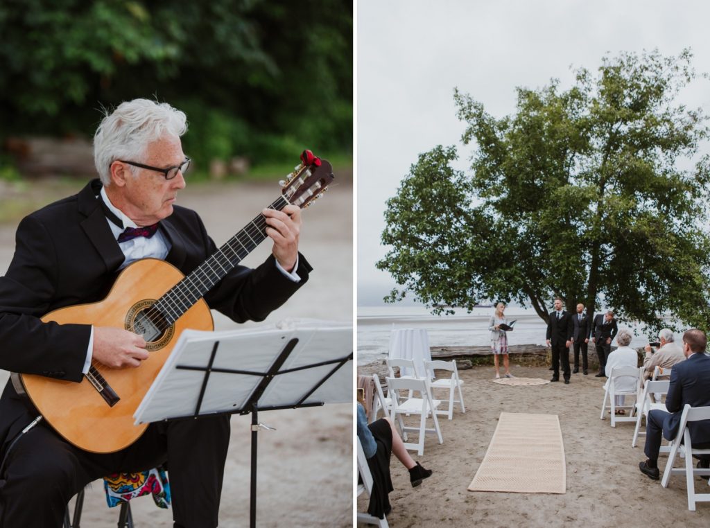 Candid photo of the set up of the ceremony in Spanish Banks