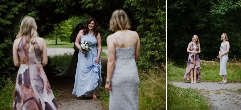 Bridesmaids seeing each other for the first time at Spanish Banks