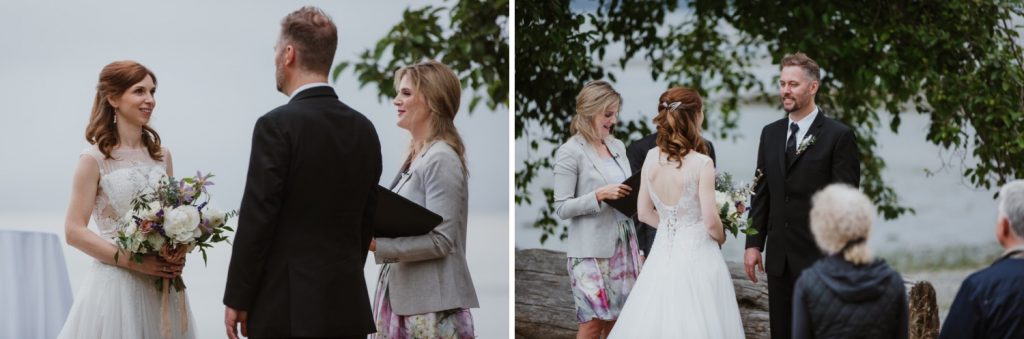 Candid photo of the bride and groom exchanging vows in Spanish banks