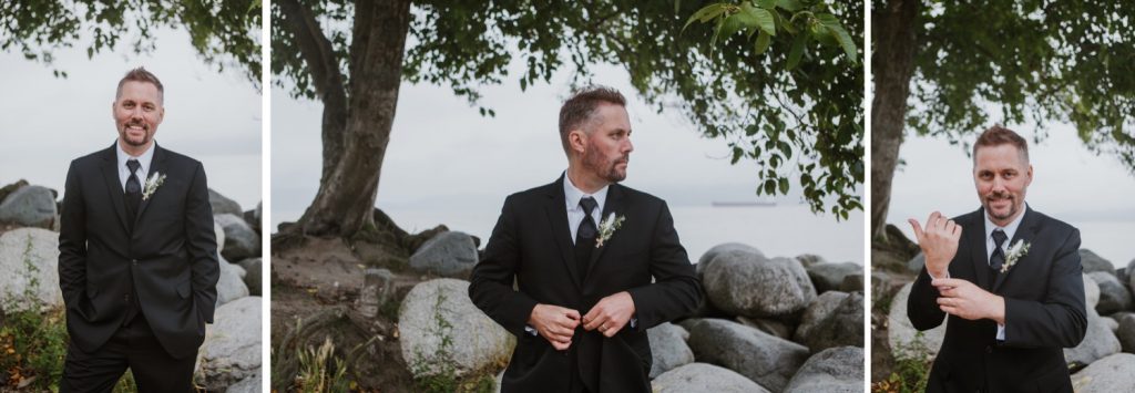 Candid photo of the groom during the portrait session in spanish banks