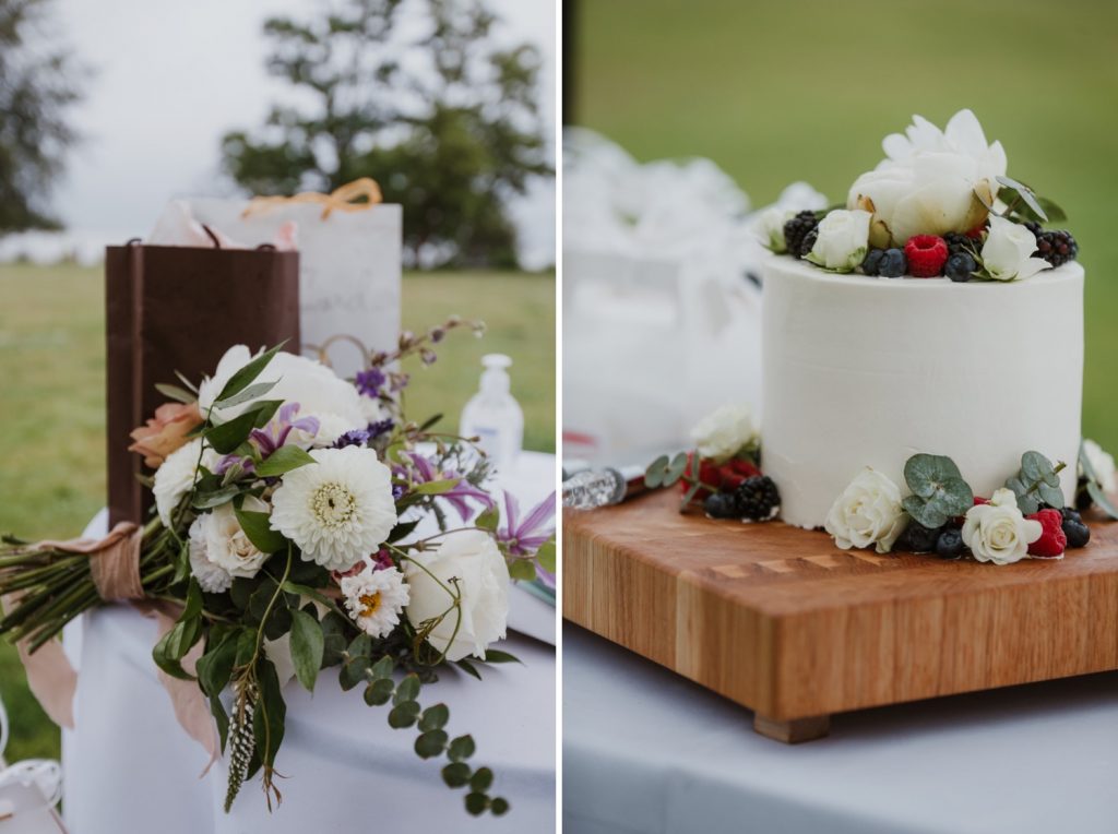 Detail photos of the bridal flower and cake in spanish banks