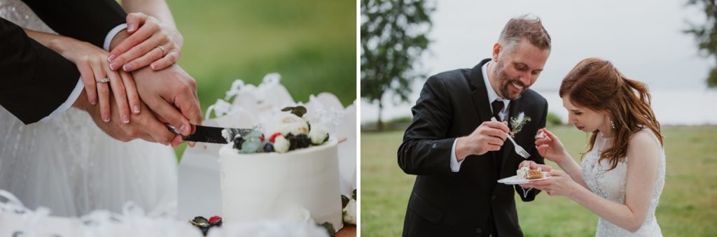 Bride and groom feeding each other their slice of cake