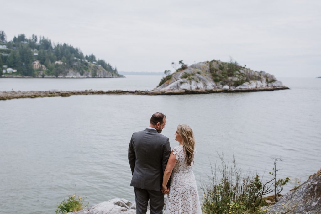 Bride and groom portraits taken in whytecliff park