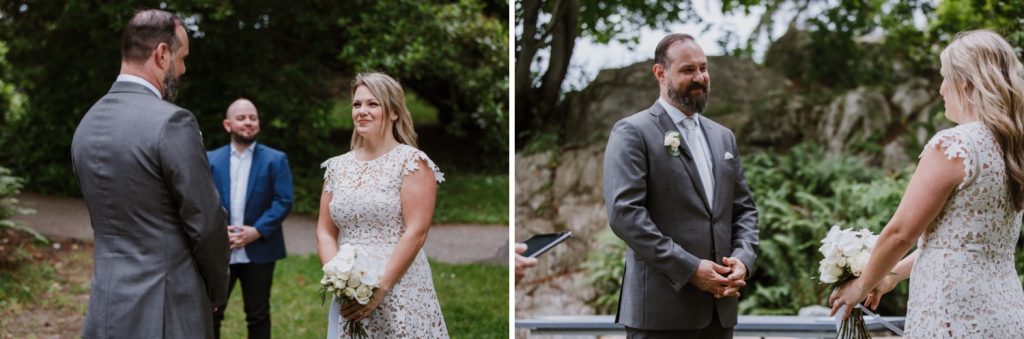 Individual photos of bride and groom looking at each other during the elopement ceremony