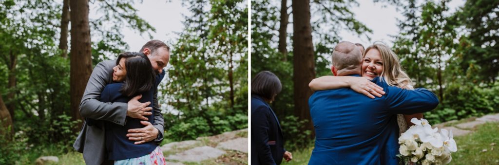 Bride and groom hugging their witnesses after the elopement ceremony